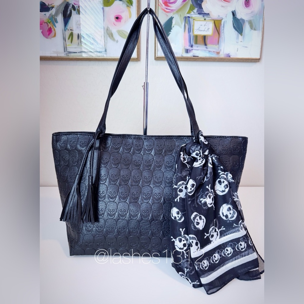 Black Embossed Skull Tote Bag with Tassel & Skull Print Scarf Halloween